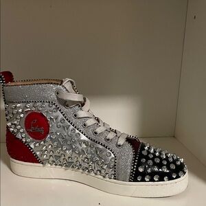 Christian Louboutin Silver and Red Spiked Sneakers
